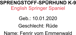 SPRENGSTOFF-SPÜRHUND K-9 English Springer Spaniel Geb.: 10.01.2020 Geschlecht: Rüde Name: Fenrir vom Emmenwald