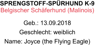 SPRENGSTOFF-SPÜRHUND K-9 Belgischer Schäferhund (Malinois)  Geb.: 13.09.2018 Geschlecht: weiblich Name: Joyce (the Flying Eagle)