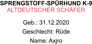 SPRENGSTOFF-SPÜRHUND K-9 ALTDEUTSCHER SCHÄFER Geb.: 31.12.2020 Geschlecht: Rüde Name: Axjro