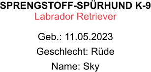 SPRENGSTOFF-SPÜRHUND K-9 Labrador Retriever Geb.: 11.05.2023 Geschlecht: Rüde Name: Sky