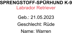 SPRENGSTOFF-SPÜRHUND K-9 Labrador Retriever Geb.: 21.05.2023 Geschlecht: Rüde Name: Warren